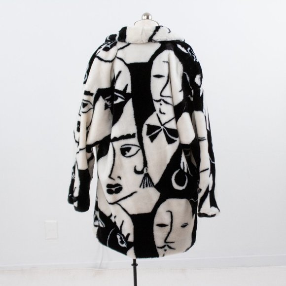 Vintage 80s L Faux Fur Faces Print Wrap Midi Coat - Picture 9 of 16